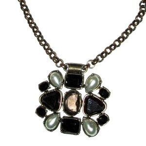 Chicos brass chain necklace adjustable with faceted smoky topaz black and pearl